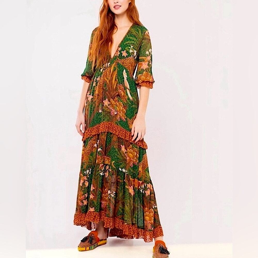 Farm Rio Leopards Birds Tropical Maxi Dress Tiered Green Brown Pink Size XS New